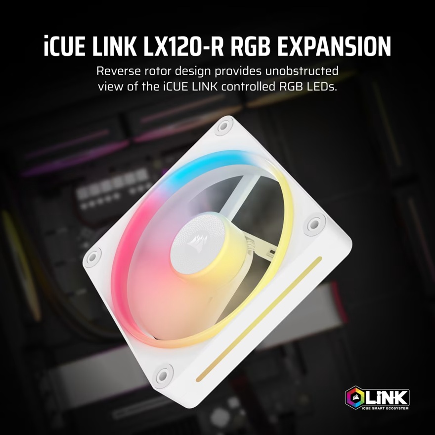 Corsair iCUE LINK LX120‑R RGB 120 mm PWM Reverse Fan Expansion Single Pack – White: 66.7 CFM, 2400 RPM, 37.7 dBA, 0.4 A,Static Pressure, Magnetic Dome - Image 4