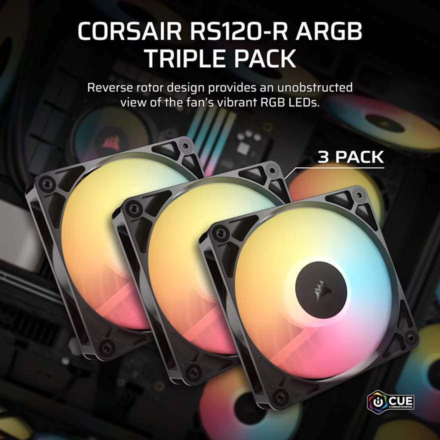 Corsair RS120-R ARGB 120mm PWM Reverse Fans Triple Pack - Black, 3x RGB Fans, 2100 RPM, 65.82 CFM, Static Pressure, Magnetic Dome Bearing, PWM Control - Image 4