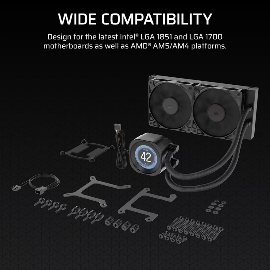 Corsair NAUTILUS 240 RS LCD Liquid CPU Cooler - Black, 240mm rad, LCD pump, 2x PWM fans, 2100 RPM, AM5/LGA1851, copper plate, 400mm tube, 36dBA - Image 2