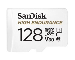 SanDisk High Endurance 128GB microSD 100MB/s 40MB/s 10K hrs 4K UHD C10 U3 V30 -40°C to 85°C Heat Freeze Shock Temperature Water X-ray Proof SD Adapter