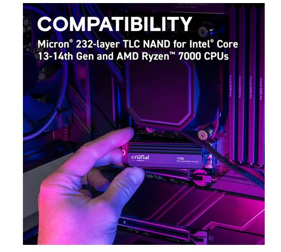 Crucial T705 1TB Gen5 NVMe SSD Heatsink - 13600/10200 MB/s R/W 600TBW 1400K IOPs 1.5M hrs MTTF DirectStorage for Intel 14th Gen & AMD Ryzen 7000 - Image 2