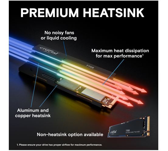 Crucial T705 1TB Gen5 NVMe SSD Heatsink - 13600/10200 MB/s R/W 600TBW 1400K IOPs 1.5M hrs MTTF DirectStorage for Intel 14th Gen & AMD Ryzen 7000 - Image 3