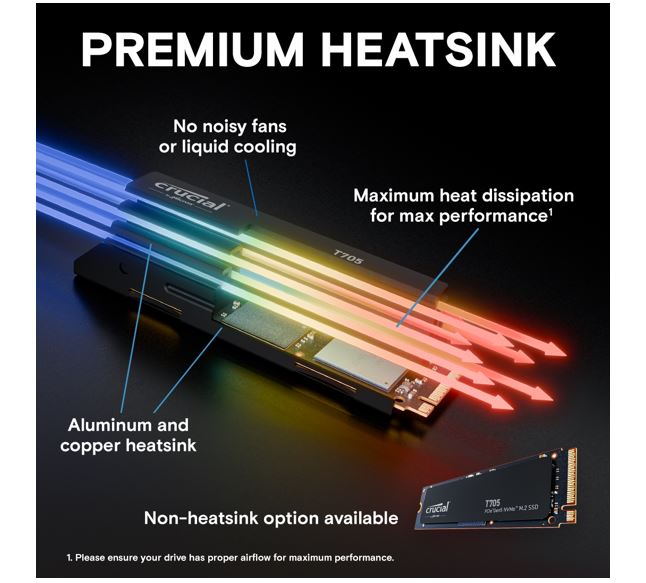 Crucial T705 2TB Gen5 NVMe SSD Heatsink - 14500/12700 MB/s R/W 1200TBW 1550K IOPs 1.5M hrs MTTF DirectStorage for Intel 14th Gen & AMD Ryzen 7000 - Image 4