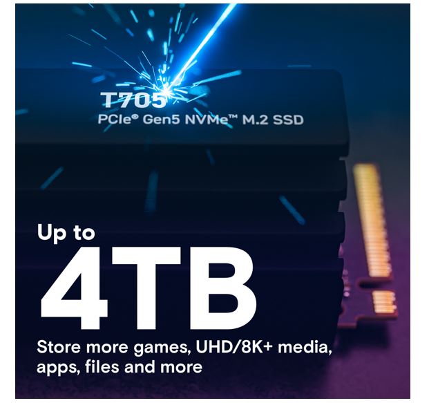 Crucial T705 4TB Gen5 NVMe SSD Heatsink - 14100/12600 MB/s R/W 2400TBW 1500K IOPs 1.5M hrs MTTF DirectStorage for Intel 14th Gen & AMD Ryzen 7000 - Image 3