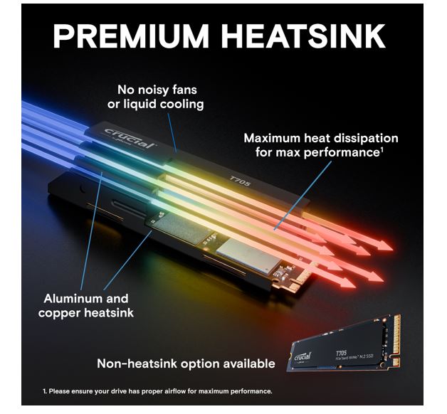 Crucial T705 4TB Gen5 NVMe SSD Heatsink - 14100/12600 MB/s R/W 2400TBW 1500K IOPs 1.5M hrs MTTF DirectStorage for Intel 14th Gen & AMD Ryzen 7000 - Image 4