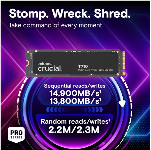 Crucial T710 1TB PCIe Gen5 NVMe 2280 SSD - 14900/13700 MB/s R/W 600TBW 2.2M IOPs 1.5M hrs MTTF with DirectStorage for Intel & AMD 5yrs - Image 2