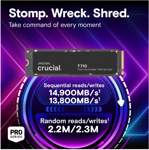 Crucial T710 4TB PCIe Gen5 NVMe 2280 SSD - 14500/13800 MB/s R/W 2400TBW 2.3M IOPs 1.5M hrs MTTF with DirectStorage for Intel & AMD 5yrs - Image 2