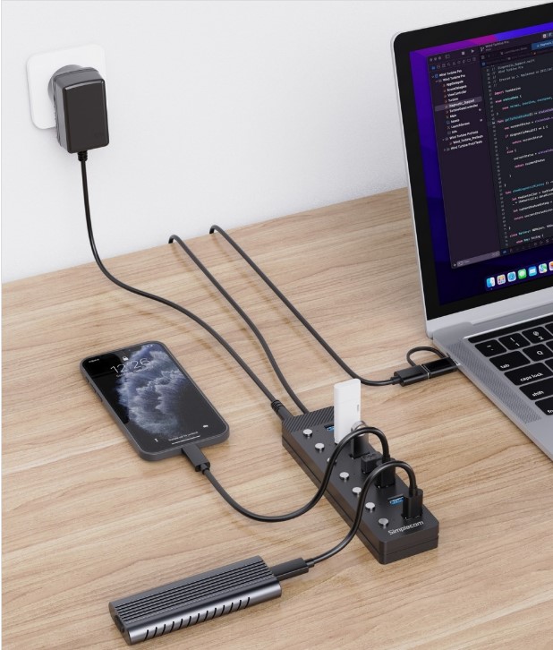 Simplecom CH375C USB-A and USB-C to 7-Port USB 3.0 Hub 5Gbps Individual Switches and Power Adapter - Image 2