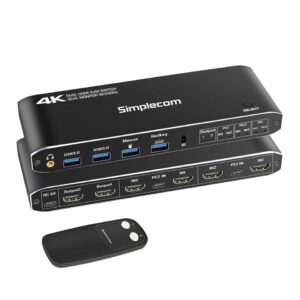 Simplecom KM430 Dual HDMI Monitor KVM Switch for 2 Computers with 4-Port USB Hub 4K@60Hz Keyboard Hotkey
