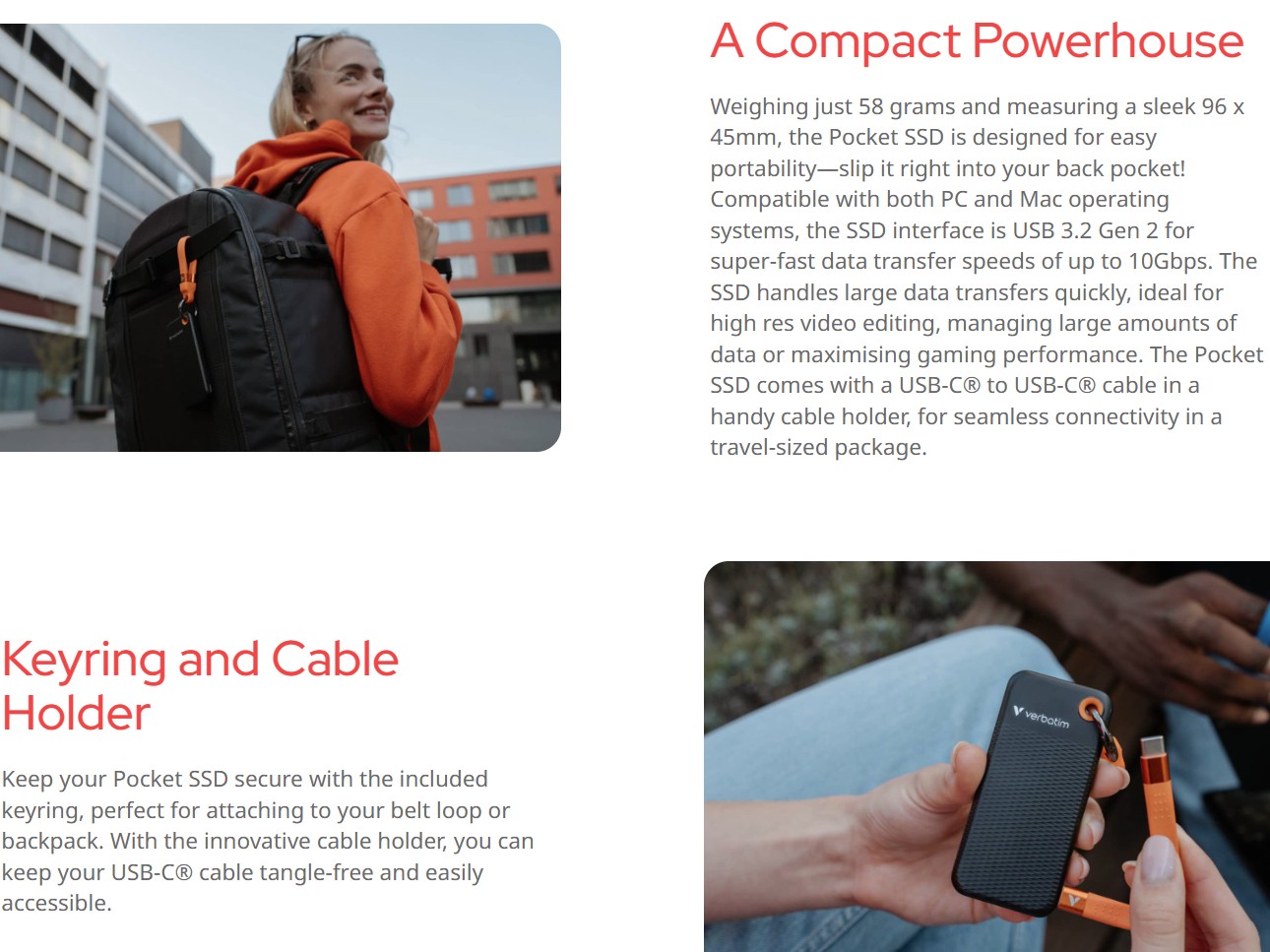 Verbatim 1TB Pocket SSD USB 3.2 Gen 2 1TB Black Orange Convenient Keyring cable holder. Compact, Rugged. Ultra Lightweight Performance 58g Portable B - Image 2