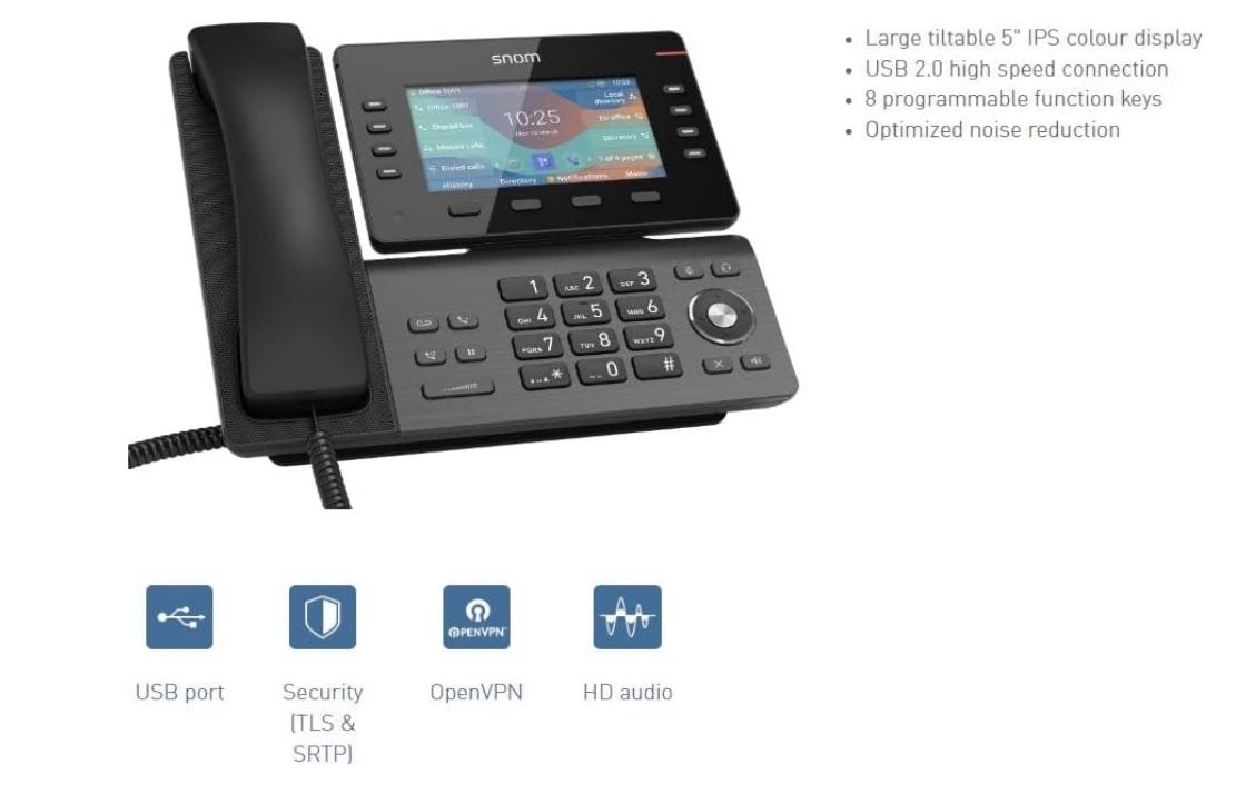 SNOM D862, Large tilting 5 inch IPS colour display, High speed USB 2.0 connection, 8 programmable function keys, Optimised noise reduction HD audio - Image 3