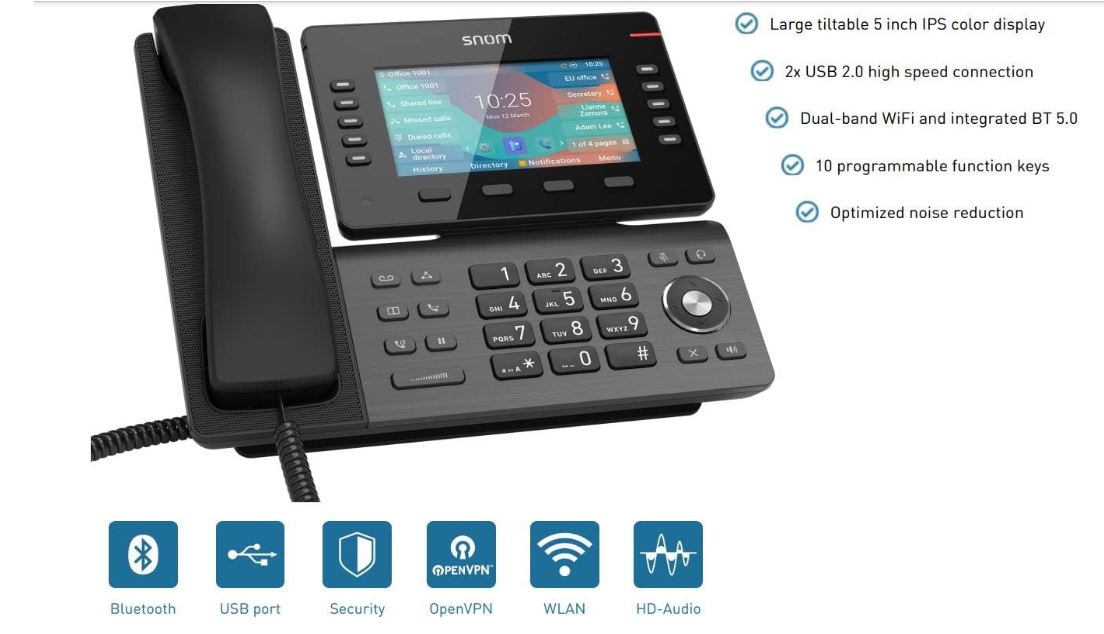 SNOM D865 Large tiltable 5 inch IPS colour display 2x USB 2.0 high speed connection 10 programmable function keys Dual-band Wi-Fi and Bluetooth - Image 4