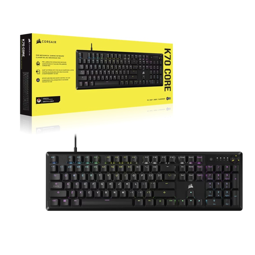 Corsair K70 CORE RGB Mechanical Gaming Keyboard- Black, Full-size, MLX Red switches, NKRO, 1,000Hz, USB wired, iCUE, media controls, PC/Mac compatible