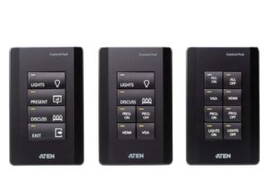 Aten 8 Button Control Pad in black color with 1 Gang US wall plate, 2 RS232, 2 relay, 1 Digital I/O and Ethernet connection support, 14 button layouts