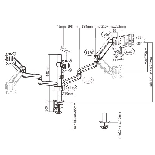 Brateck Triple Monitors Pole-Mounted Gas Spring Monitor Arm Fit Most 17'-27' Monitors Up to 7kg per screen VESA 75x75/100x100 - Image 2