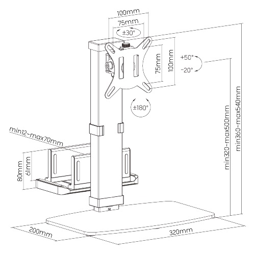 Brateck Vertical Lift Monitor Stand With Thin Client CPU Mount Fit Most 17'-32' Monitor Up to 8KG VESA 75x75,100x100(Black) (LS) - Image 4