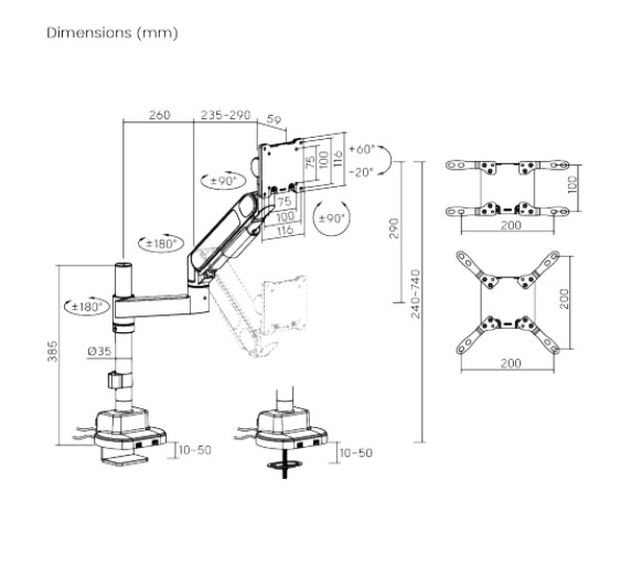 Brateck LDT92-C012UCP-B Future-Proof Heavy-Duty Pole-Mounted Gas Spring Monitor Arm with USB-A/USB-C Ports (LS) - Image 2