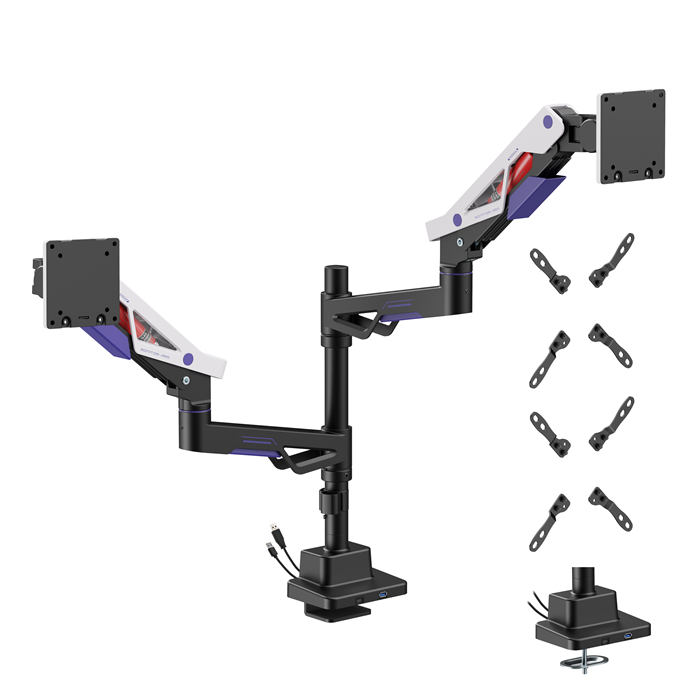 Brateck LDT95-C024UCP Atlas Neo Gaming Pole-Mounted Dual Monitor Arm with USB-A & USB-C Ports For most 24'~57' Monitors, Matte Black & White (New) - Image 2