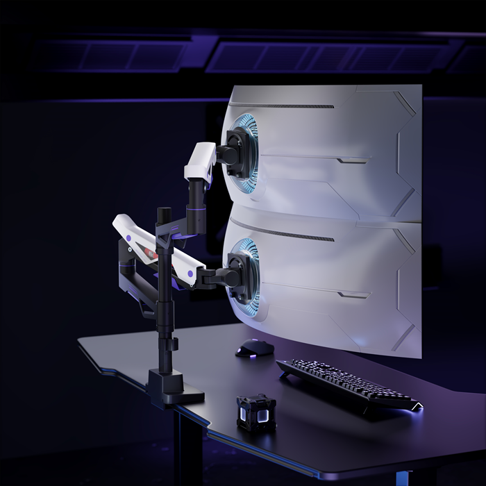 Brateck LDT95-C024UCP Atlas Neo Gaming Pole-Mounted Dual Monitor Arm with USB-A & USB-C Ports For most 24'~57' Monitors, Matte Black & White (New) - Image 4