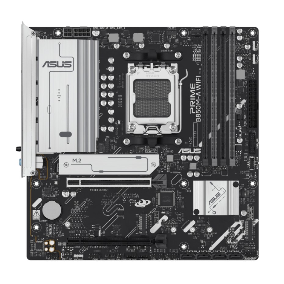 ASUS AMD B850M PRIME B850M-A WIFI-CSM (AM5) mATX Motherboard, DDR5, Max 256GB, 1 x PCIe 5.0 x16 slot, 4 x SATA