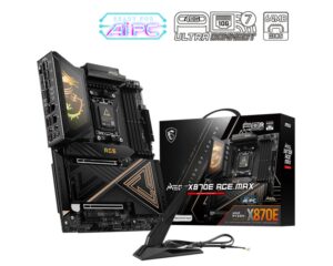 MSI X870E ACE MAX, AM5 X870E flagship, Ryzen 7000–9000, DDR5-8400+ OC, PCIe 5.0, dual M.2 Gen5, USB4, Wi-Fi 7, 10G+5G LAN, Audio Boost 5