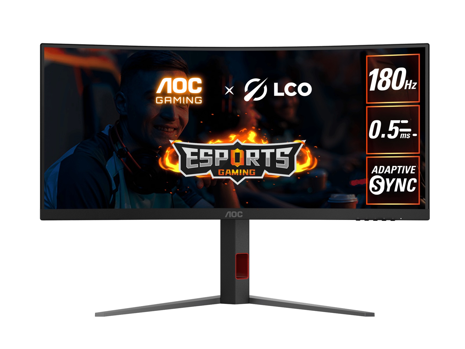 AOC 34' WQHD Curved Monitor – 3440×1440@180Hz, 0.5ms MPRT, 1500R VA, 120% sRGB, DP 1.4, HDMI 2.0, Delta E<2, tilt/swivel/height adjustable