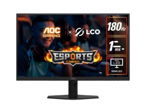 AOC 27' QD-MiniLED Monitor – QHD 180Hz, 1ms, 5000:1 contrast, 1200 nits peak HDR, Quantum Dot VA, 148% sRGB, DP 1.4, HDMI 2.0, tilt adjusable