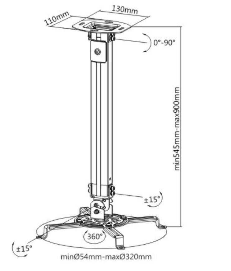 Brateck Steel Projector Ceiling Mount in Black Fit most Projectors Up to 13.5kg, 334x334x900mm, Installation: Ceiling Mounted (LS) - Image 2