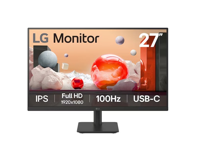 LG 27' IPS Full HD Monitor with 100Hz refresh rate, USB-C (65W PD), 3-side borderless design, Reader Mode, Flicker Safe, and tilt-adjustable stand