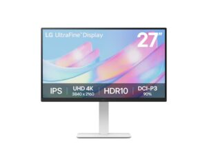 LG 27' 4K UHD UltraFine™ IPS Monitor with HDR10, DCI-P3 90%, 300 nits, 3840×2160 resolution, 5ms, 60Hz, and tilt/height/swivel/pivot stand