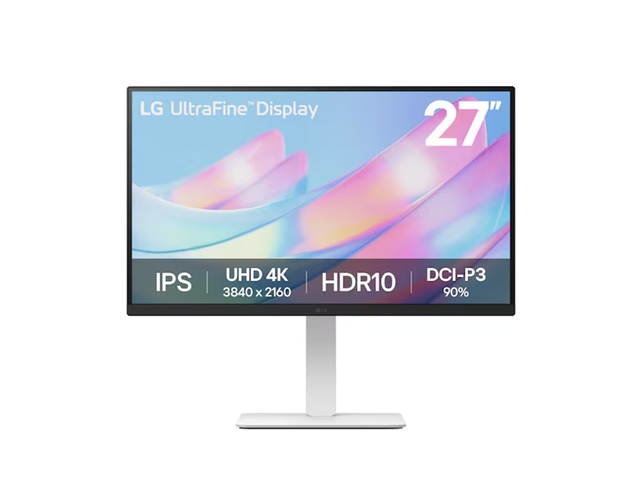 LG 27' 4K UHD UltraFine™ IPS Monitor with HDR10, DCI-P3 90%, 300 nits, 3840×2160 resolution, 5ms, 60Hz, and tilt/height/swivel/pivot stand