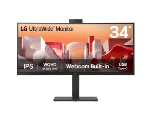 LG 34' UltraWide QHD Curved IPS Monitor with 3440x1440 resolution, sRGB 99%, HDR10, USB-C PD 90W, FHD webcam, mic, speakers & adjustable stand