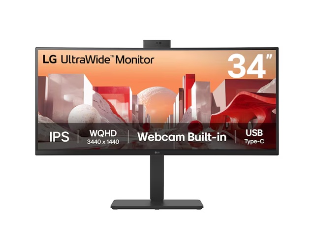 LG 34' UltraWide QHD Curved IPS Monitor with 3440x1440 resolution, sRGB 99%, HDR10, USB-C PD 90W, FHD webcam, mic, speakers & adjustable stand