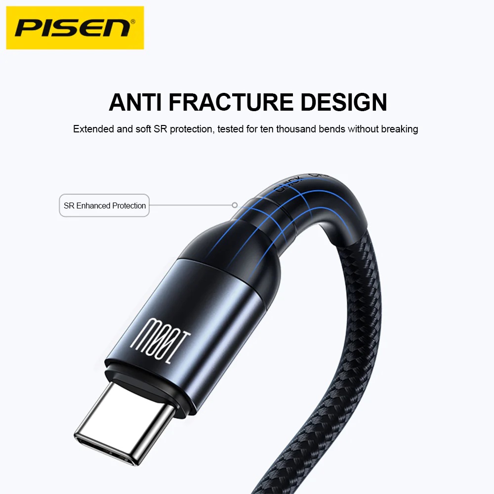 Pisen Braided USB-C to USB-C 100W PD Fast Charge Cable (1M) Black - Bend-Resistant, Samsung Galaxy,Apple iPhone,iPad,MacBook,Google,OPPO,Nokia,Laptop - Image 2