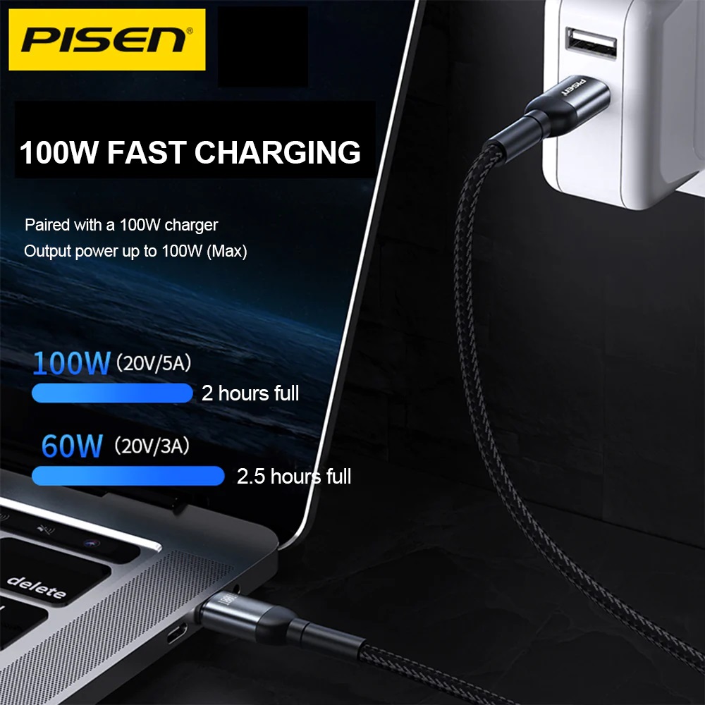 Pisen Braided USB-C to USB-C 100W PD Fast Charge Cable (1M) Black - Bend-Resistant, Samsung Galaxy,Apple iPhone,iPad,MacBook,Google,OPPO,Nokia,Laptop - Image 3