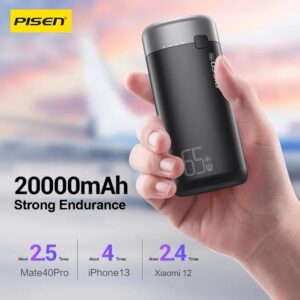 Pisen Pro 65W 20K (20000mAh) Laptop Power Bank (3 Port) + USB-C to USB-C Cable (50cm) - Black, 1x USB-C, 2x USB-A, Digital Display, 2 Years Warranty