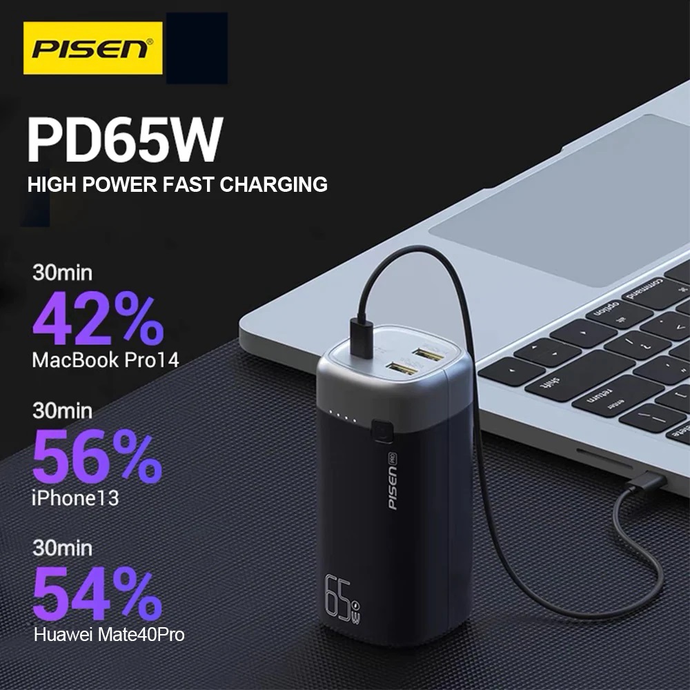 Pisen Pro 65W 20K (20000mAh) Laptop Power Bank (3 Port) + USB-C to USB-C Cable (50cm) - Black, 1x USB-C, 2x USB-A, Digital Display, 2 Years Warranty - Image 3