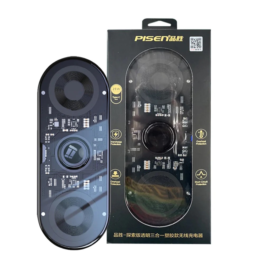 Pisen 3-in-1 Wireless Charging Station Transparent FYD-C33 - Black, Support Simultaneous Charging, Type-C Universal Interface, Ultra-thin, Sleek