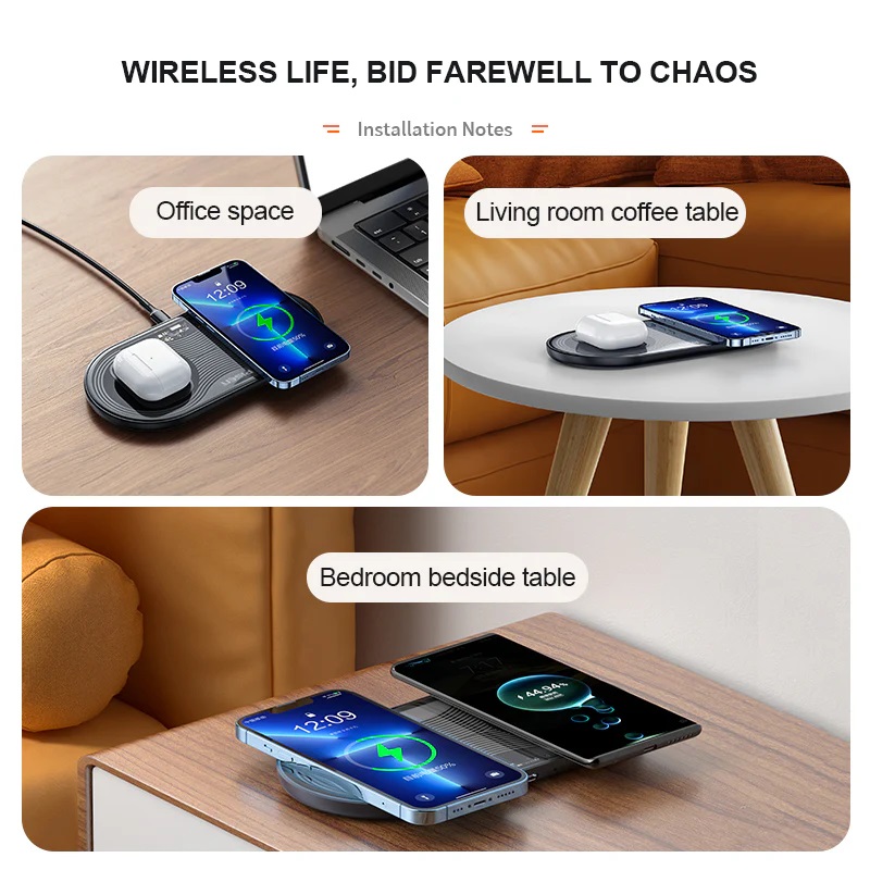 Pisen 3-in-1 Wireless Charging Station Transparent FYD-C33 - Black, Support Simultaneous Charging, Type-C Universal Interface, Ultra-thin, Sleek - Image 4