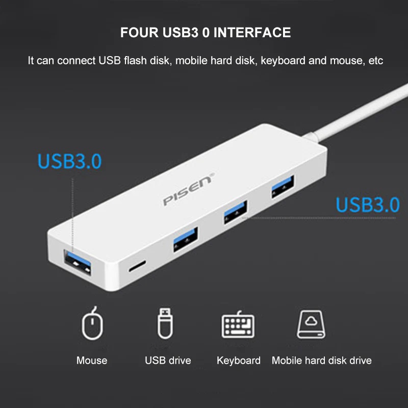Pisen USB-C to 4xUSB-A 3.0 Charging HUB - TPE Flexible Wire, Light Indicator, Resistant to Pulling and Bending, More Durable, 2 Year Warranty - Image 4