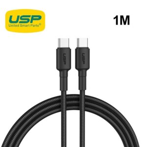 USP BoostUp Braided USB-C to USB-C Cable (1M) Black -3A Fast & Safe Charge,Samsung Galaxy,Apple iPhone,iPad,MacBook,Google,OPPO,Nokia,2 Years Warranty