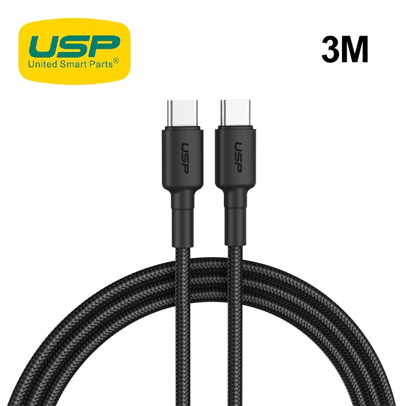 USP BoostUp Braided USB-C to USB-C Cable (3M) Black -3A Fast & Safe Charge,Samsung Galaxy,Apple iPhone,iPad,MacBook,Google,OPPO,Nokia,2 Years Warranty