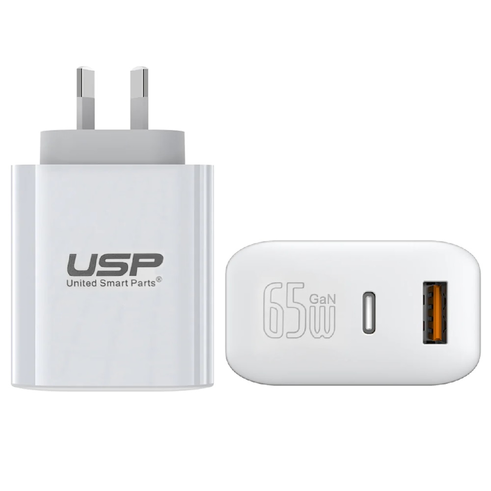 USP Dual Port PD 65W GaN Fast Wall Charger USB-C + USB-A for Phone Laptop, Intelligent,Travel Ready,PPS Technology, 2 Years Warranty
