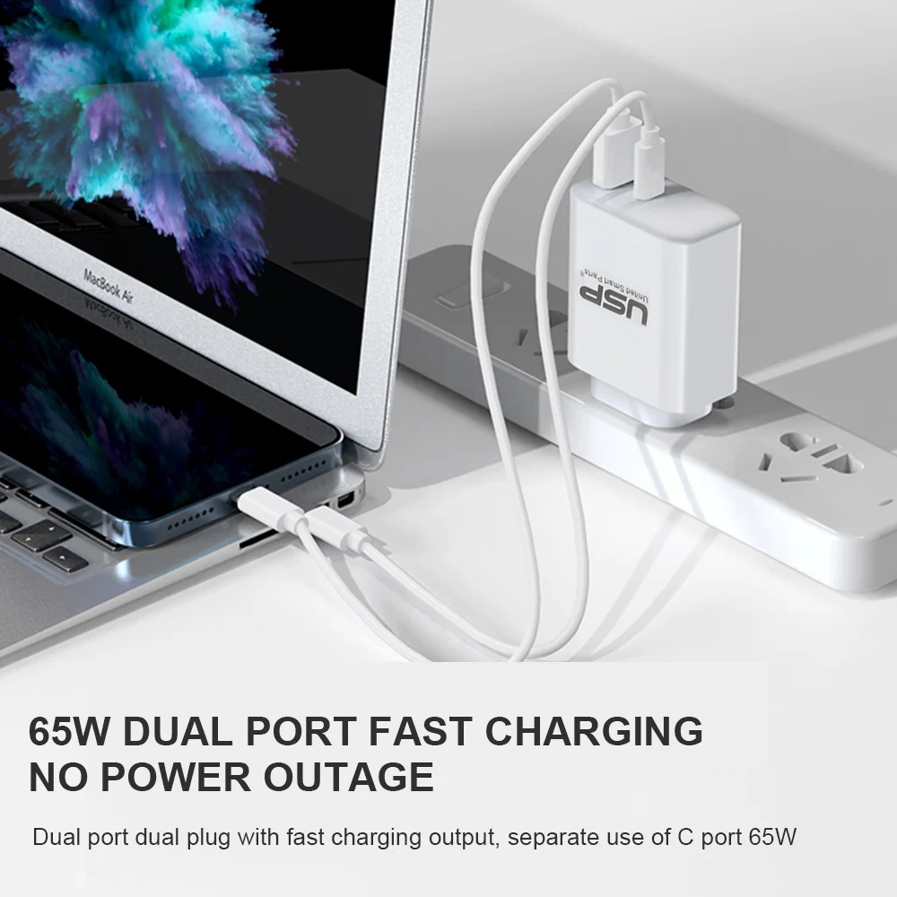 USP Dual Port PD 65W GaN Fast Wall Charger USB-C + USB-A for Phone Laptop, Intelligent,Travel Ready,PPS Technology, 2 Years Warranty - Image 2