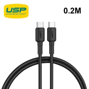 USP BoostUp Braided USB-C to USB-C Cable (20cm) Black-3A/60W, Fast & Safe Charge,Samsung Galaxy,Apple iPhone,iPad,MacBook,Google,OPPO,2 Years Warranty
