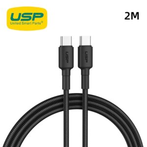 USP BoostUp Braided USB-C to USB-C Cable (2M) Black -3A/60W, Fast & Safe Charge,Samsung Galaxy,Apple iPhone,iPad,MacBook,Google,OPPO, 2 Years Warranty