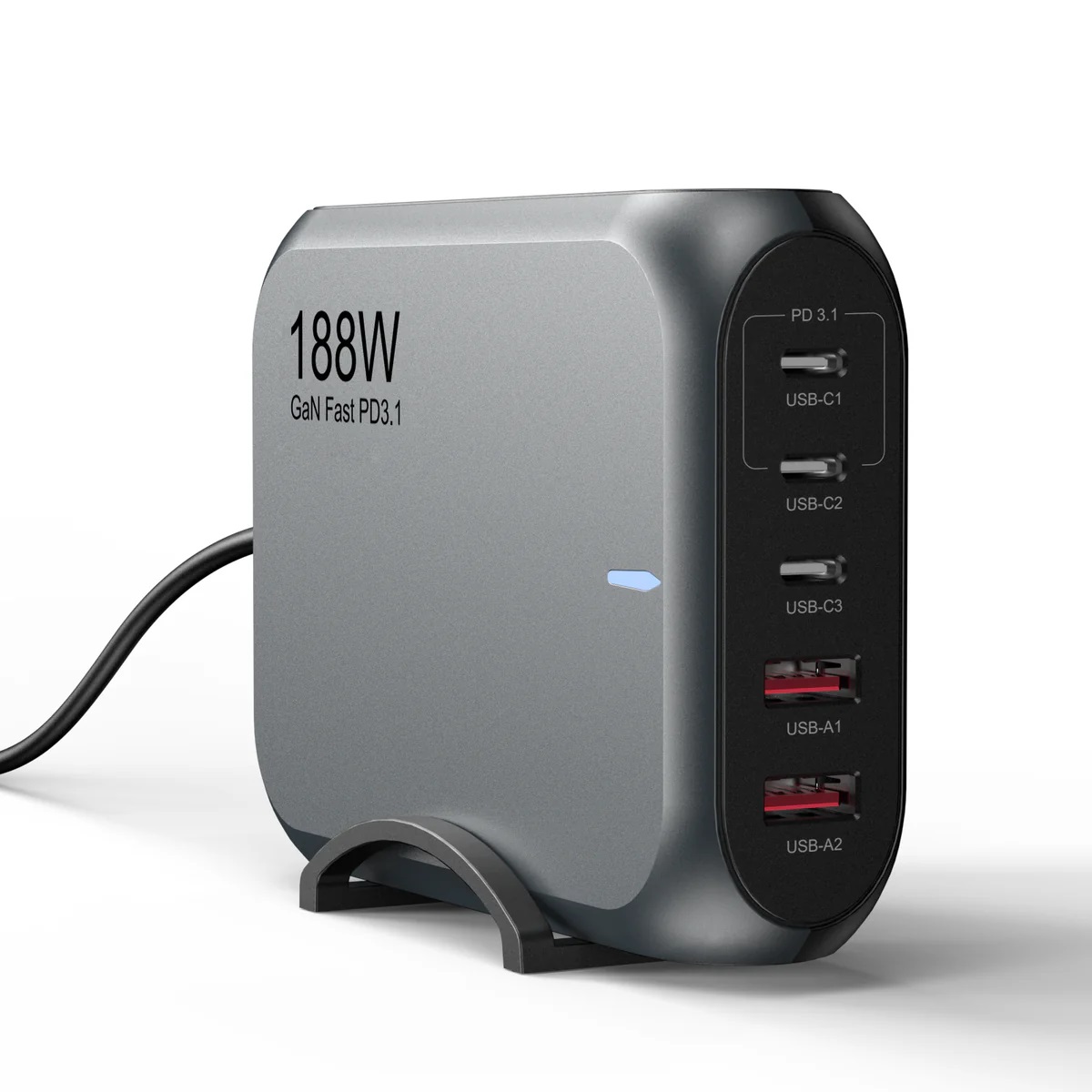 USP 188W Five Ports USB-C PD GaN Wall Charger Black - 3x USB-C, 2x USB-A, Efficient, High Quality, Tablet, Laptop, iPhone, 2 Years Warranty