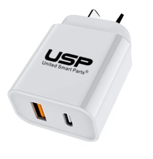 USP 20W Dual Port (20W USB-C PD + 18W USB-A QC3.0) Fast Wall Charger - White, Safe Charge,Charge 2 Devices Simultaneously, 2 Years Warranty