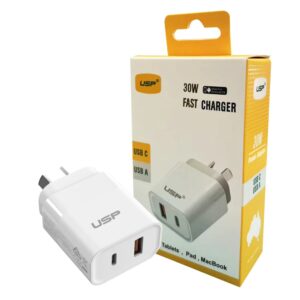 USP 30W Dual Ports (30W USB-C PD + 18W USB-A QC3.0) Fast Wall Charger - White, Safe Charge,Charge 2 Devices Simultaneously, 2 Years Warranty