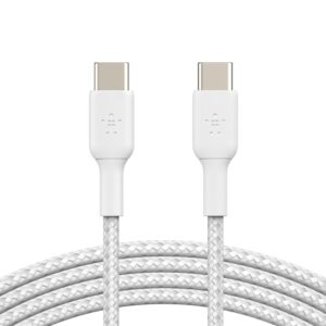 Belkin BoostCharge Braided USB-C to USB-C Cable (1M) - White (CAB004bt1MWH), 3A/60W, 480Mbps, 30K+ Bends, Apple, USB-IF Certified, 2 Years Warranty